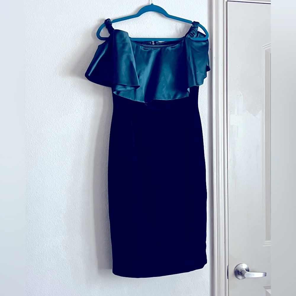 Emerald Green Dress , Off The Shoulder Velvet Gown with Charmeuse Ruffle Popover